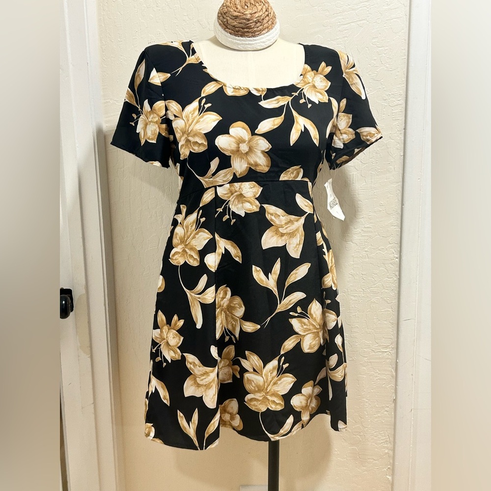 NWT Vintage Bentley Floral A-Line Dress in Black and Gold